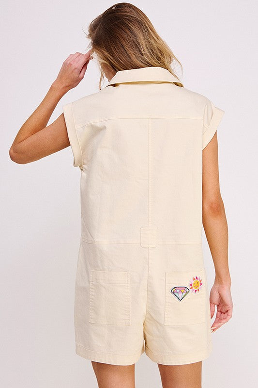 Cotton Twill Utility Romper W/ Patchwork - The Beaucoup Home