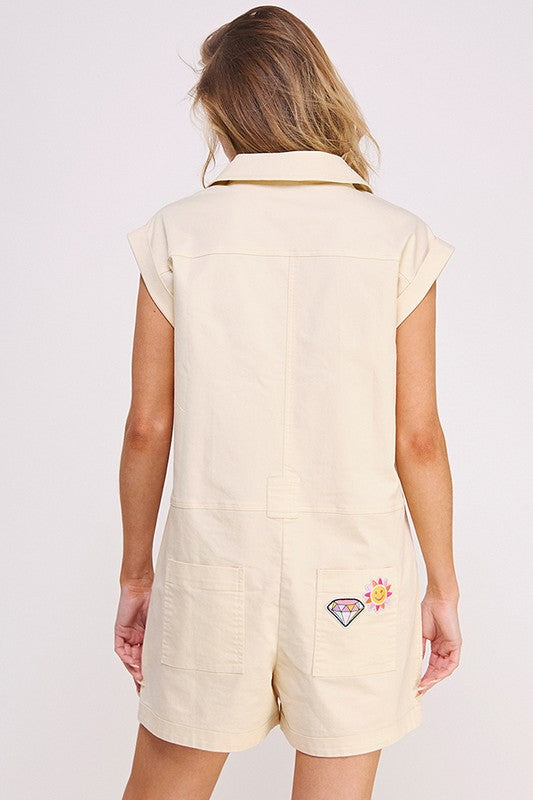 Cotton Twill Utility Romper W/ Patchwork - The Beaucoup Home