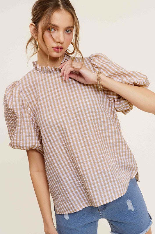 Gingham Check Print Puff Sleeve Top - The Beaucoup Home