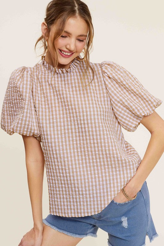 Gingham Check Print Puff Sleeve Top - The Beaucoup Home