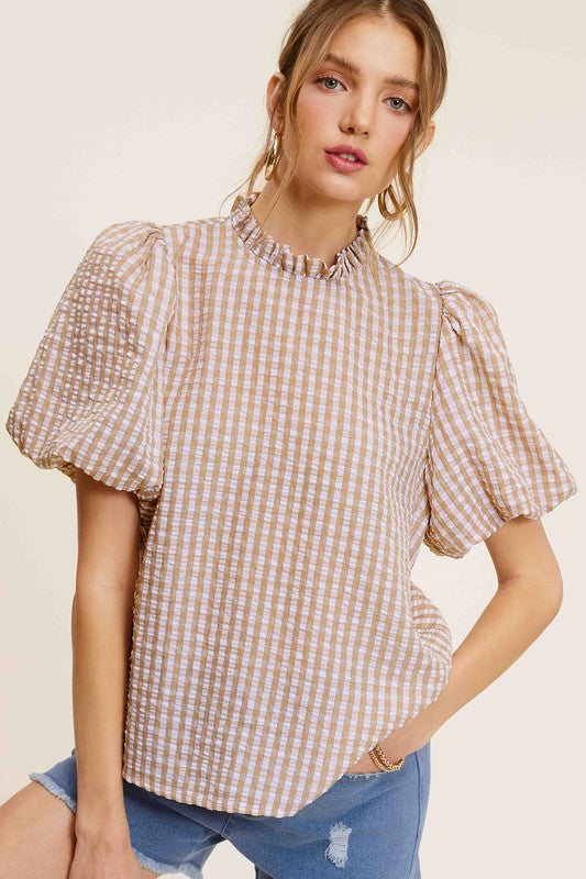 Gingham Check Print Puff Sleeve Top - The Beaucoup Home