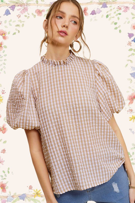 Gingham Check Print Puff Sleeve Top - The Beaucoup Home