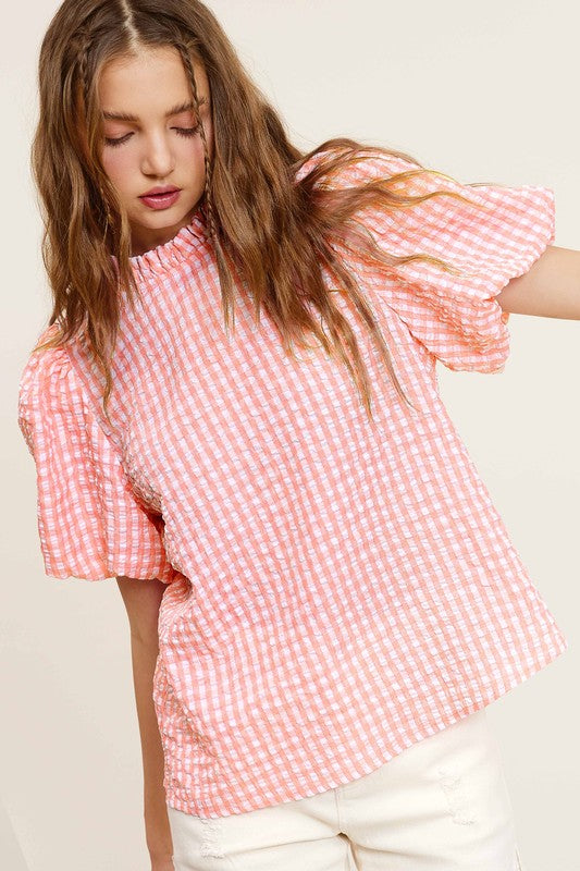 Gingham Check Print Puff Sleeve Top - The Beaucoup Home