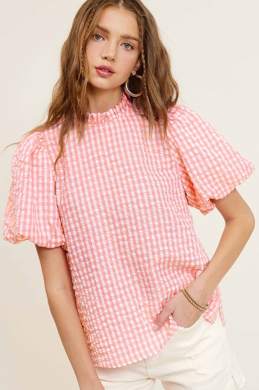 Gingham Check Print Puff Sleeve Top - The Beaucoup Home