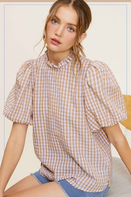 Gingham Check Print Puff Sleeve Top - The Beaucoup Home