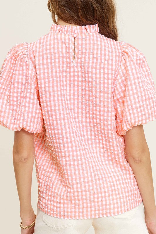 Gingham Check Print Puff Sleeve Top - The Beaucoup Home