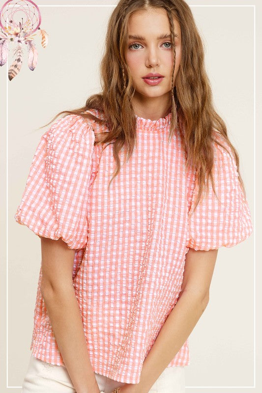 Gingham Check Print Puff Sleeve Top - The Beaucoup Home