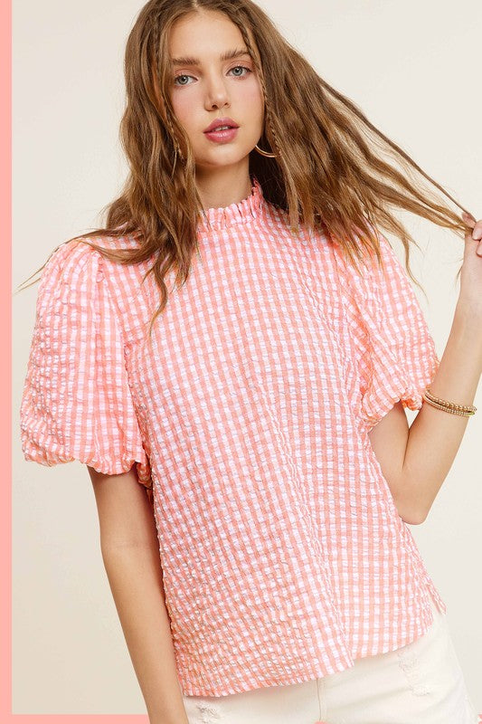 Gingham Check Print Puff Sleeve Top - The Beaucoup Home