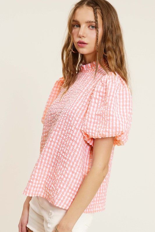 Gingham Check Print Puff Sleeve Top - The Beaucoup Home