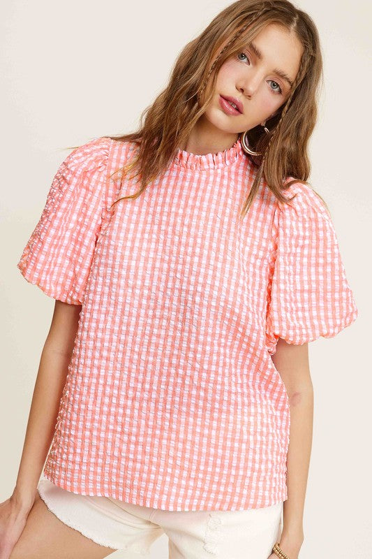 Gingham Check Print Puff Sleeve Top - The Beaucoup Home