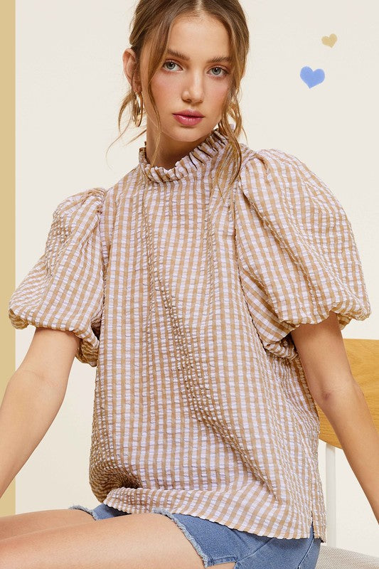 Gingham Check Print Puff Sleeve Top - The Beaucoup Home