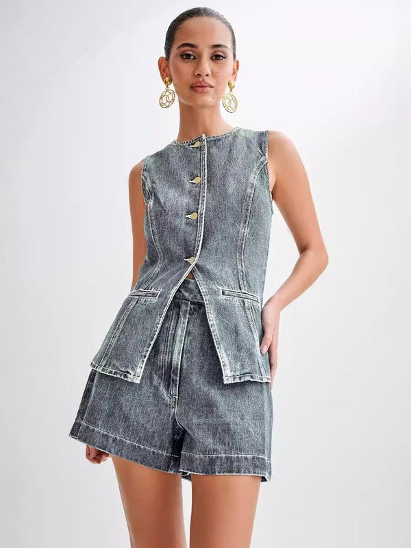 Denim Sleeveless Short Set