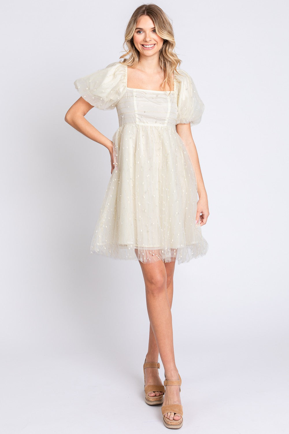 GeeGee Pearl Mesh Puff Sleeve Babydoll Dress - The Beaucoup Home