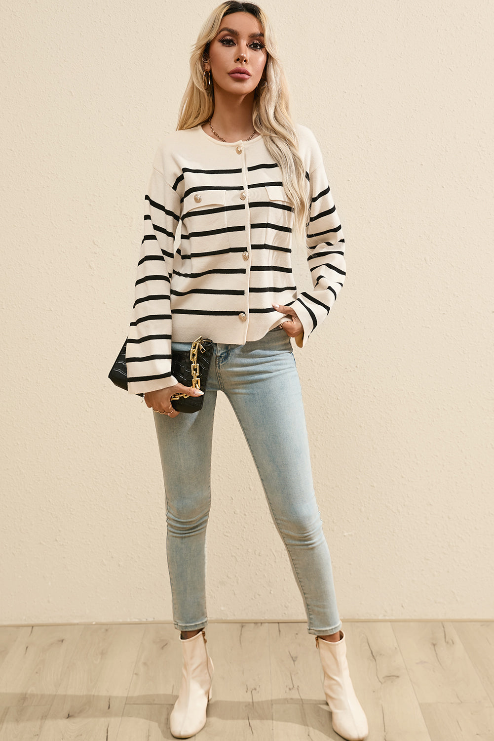 Striped Button Up Round Neck Cardigan