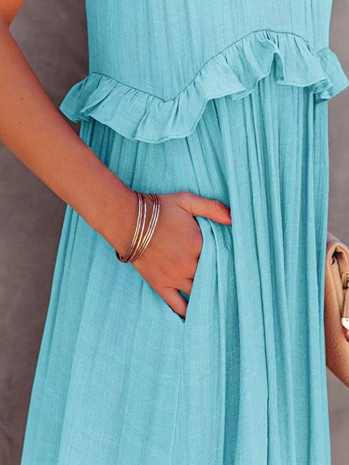 Ruffled Sleeveless Tiered Maxi Dress with Pockets - The Beaucoup Home