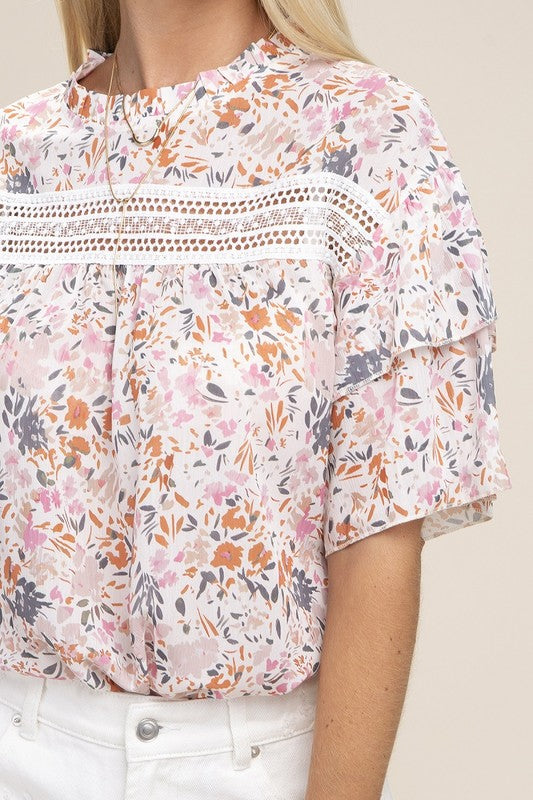 Floral Chiffon Blouse with Lace Trim - The Beaucoup Home