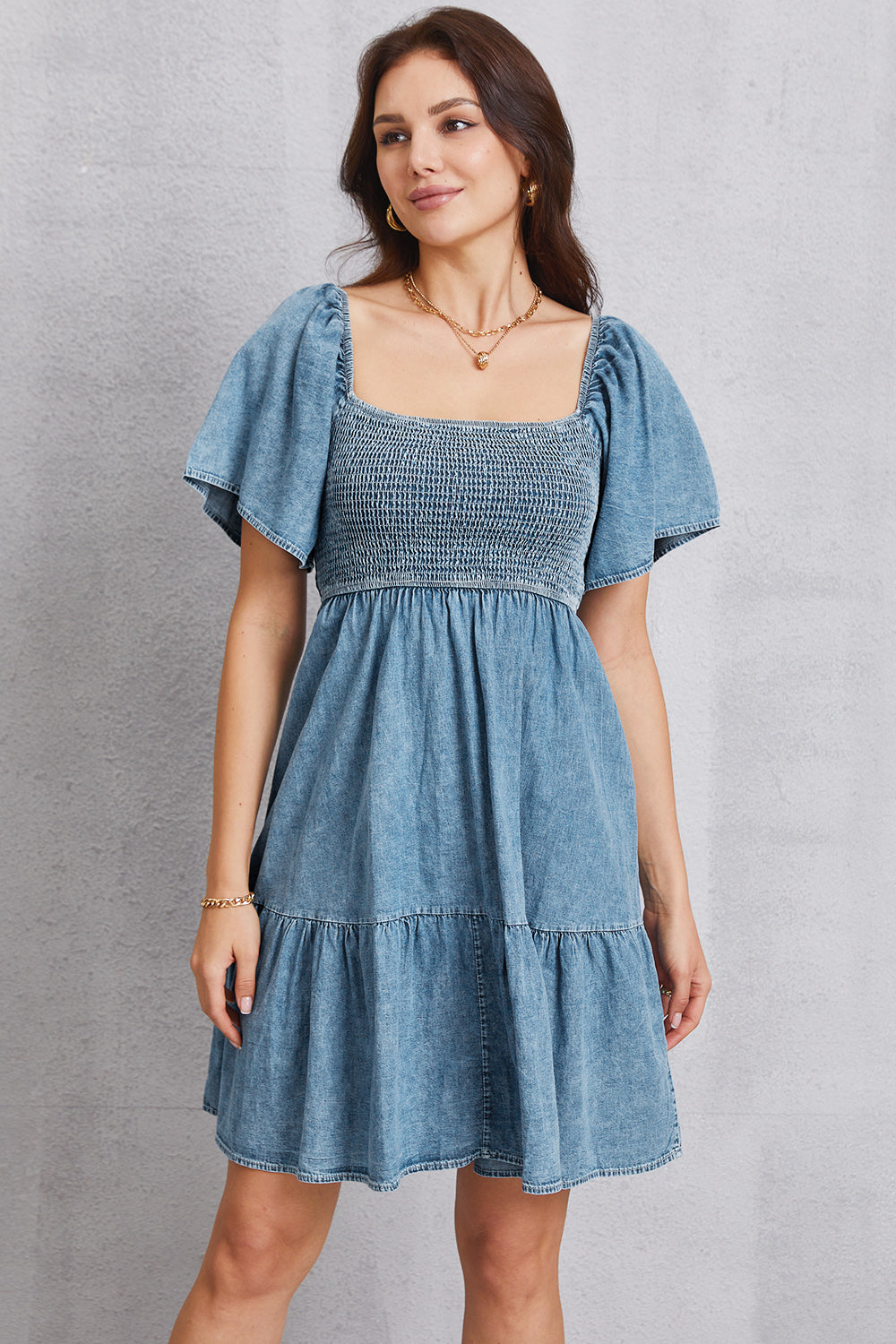 Smocked Square Neck Mini Denim Dress - The Beaucoup Home