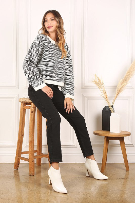 Herringbone Pattern Crew Neck Sweater - The Beaucoup Home