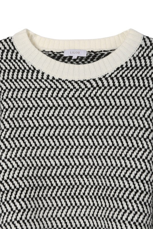 Herringbone Pattern Crew Neck Sweater - The Beaucoup Home