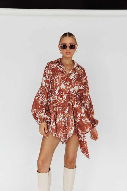 Leaves Print Puff Sleeved Romper - The Beaucoup Home