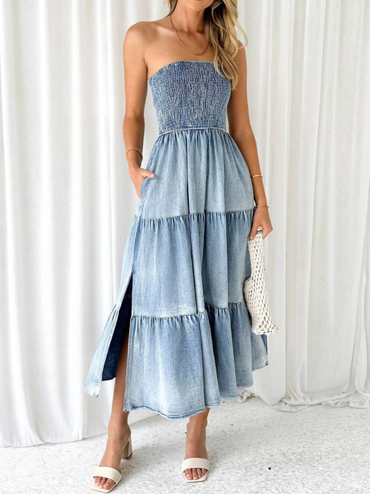 Slit Smocked Tube Tiered Denim Dress - The Beaucoup Home