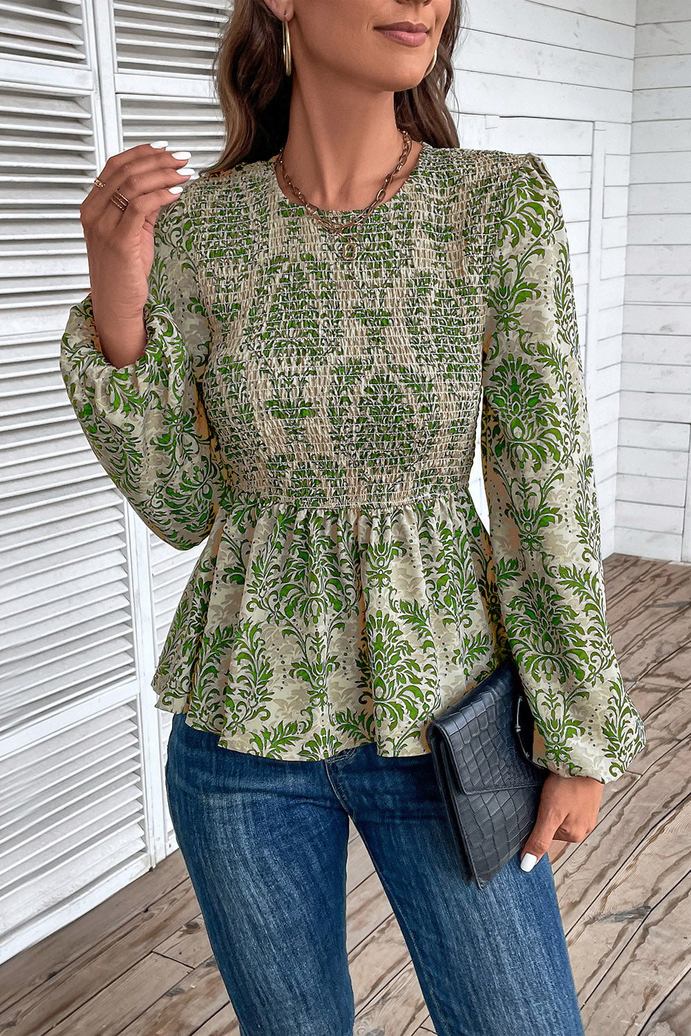 Smocked Printed Balloon Sleeve Blouse - The Beaucoup Home