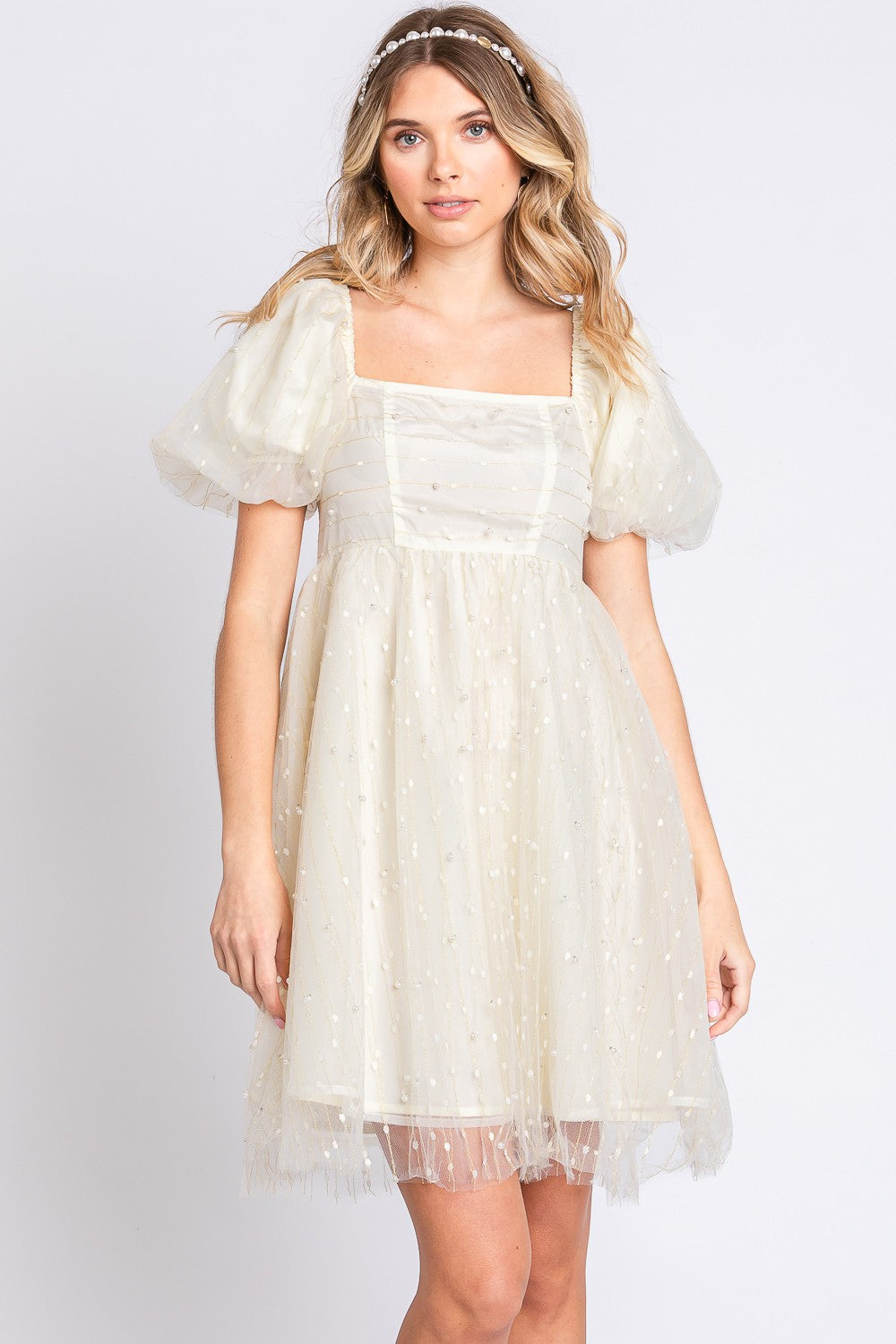 GeeGee Pearl Mesh Puff Sleeve Babydoll Dress - The Beaucoup Home