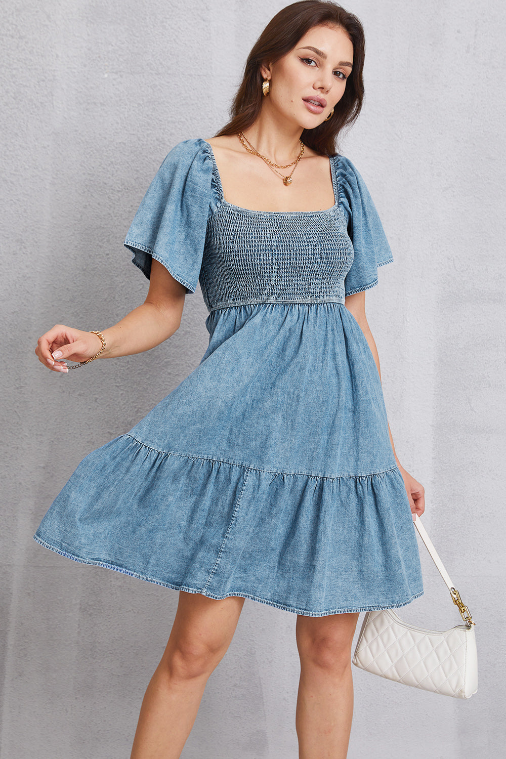 Smocked Square Neck Mini Denim Dress - The Beaucoup Home