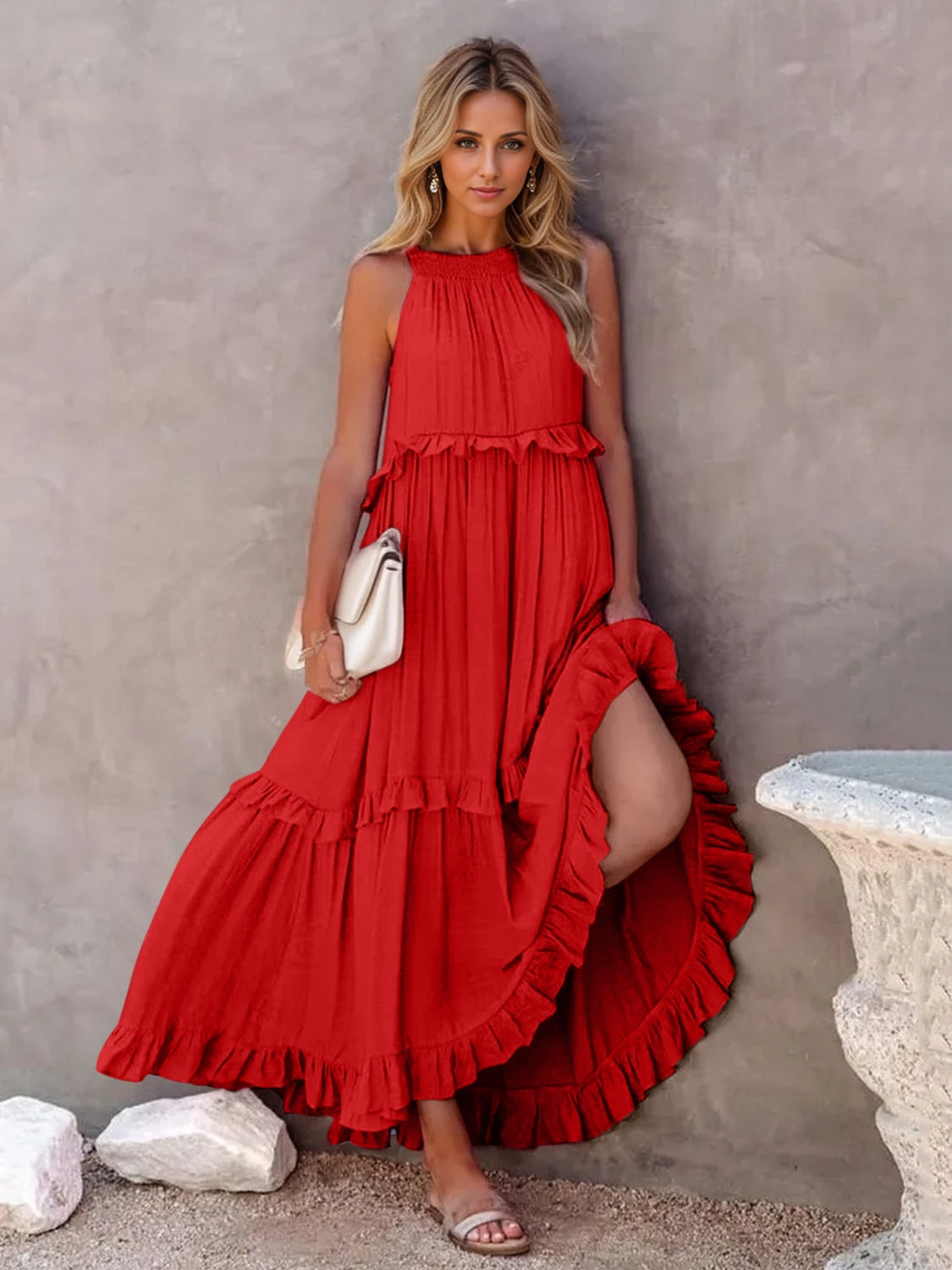 Ruffled Sleeveless Tiered Maxi Dress with Pockets - The Beaucoup Home