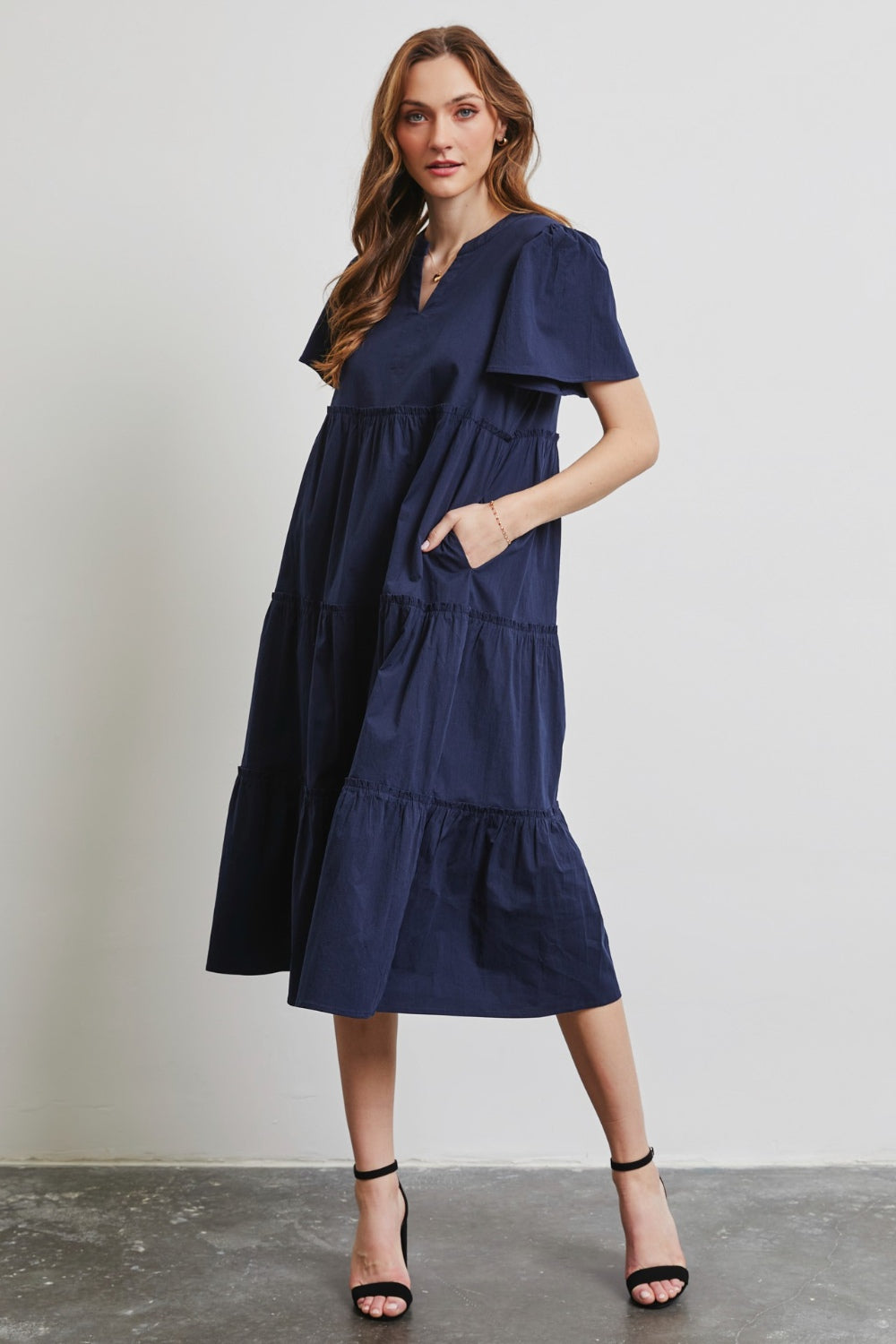 HEYSON Full Size Cotton Poplin Ruffled Tiered Midi Dress - The Beaucoup Home