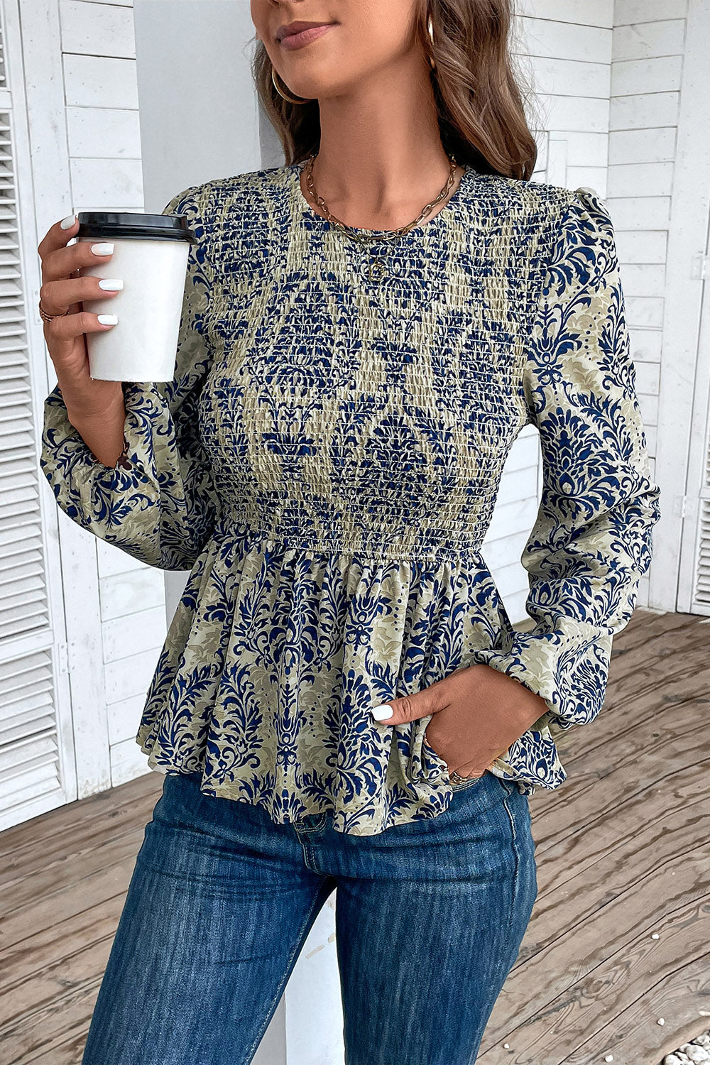 Smocked Printed Balloon Sleeve Blouse - The Beaucoup Home