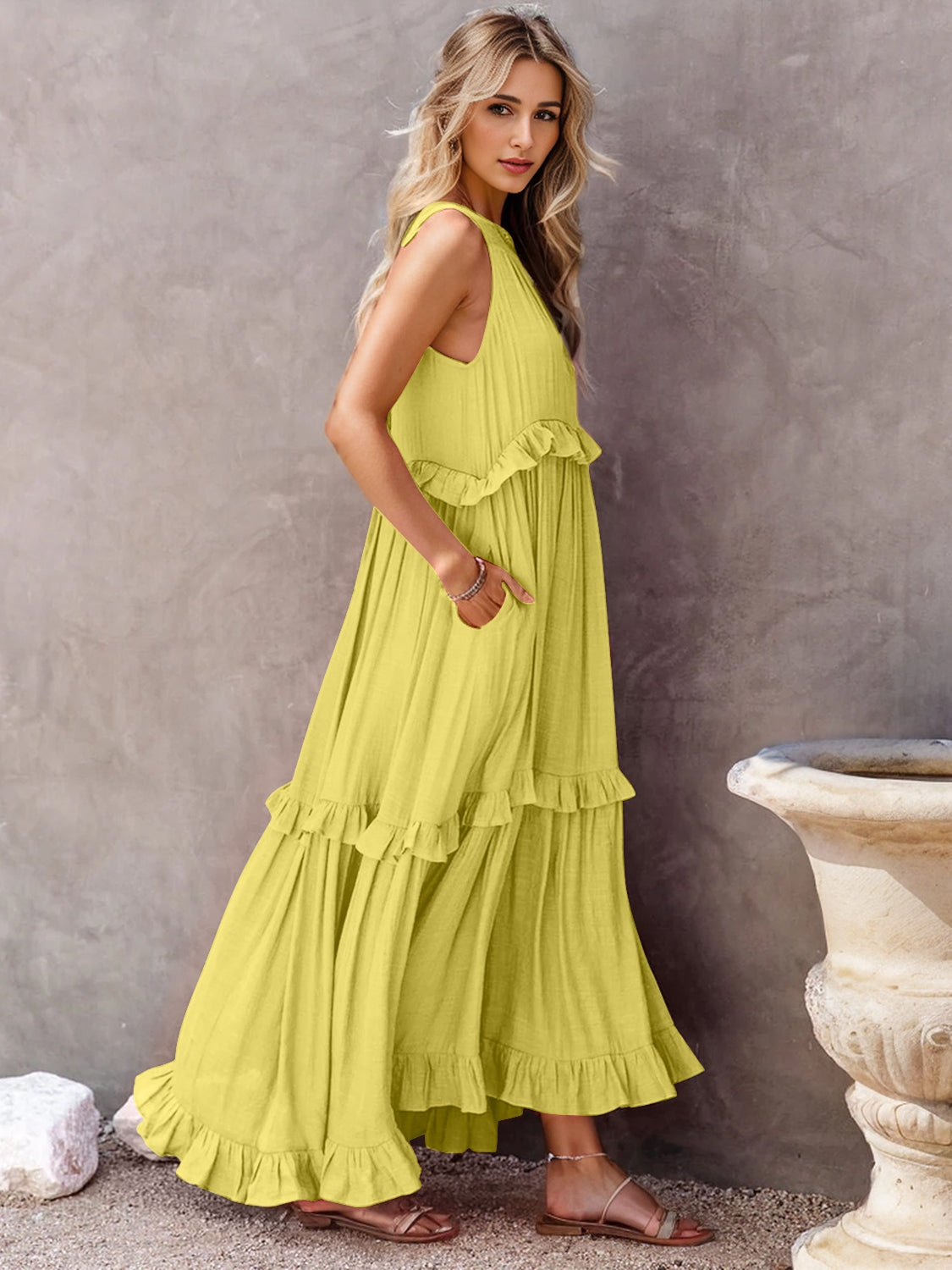 Ruffled Sleeveless Tiered Maxi Dress with Pockets - The Beaucoup Home