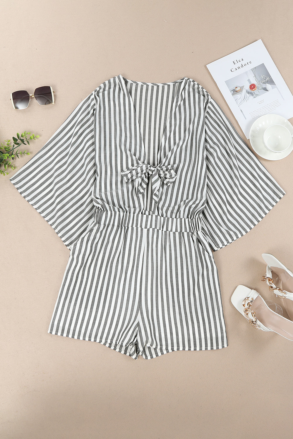 Tied Striped Three-Quarter Sleeve Romper - The Beaucoup Home