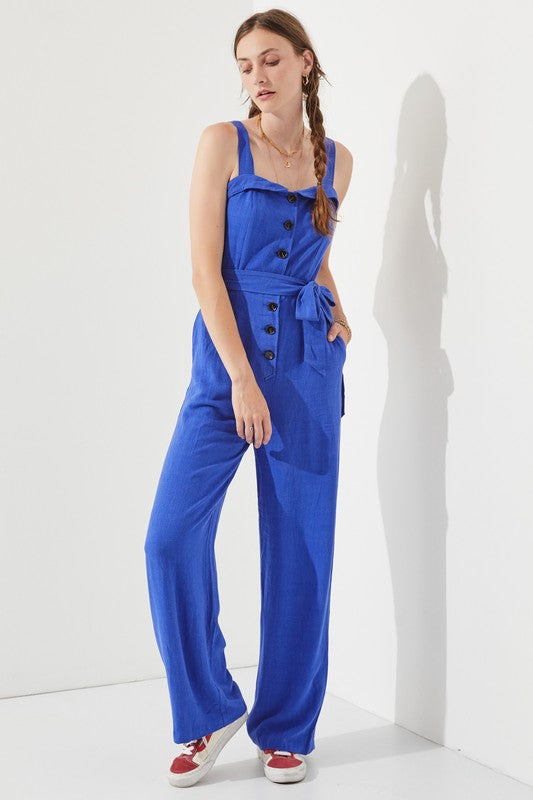 Sleeveless Adjustable Strap Button Down Jumpsuit - The Beaucoup Home