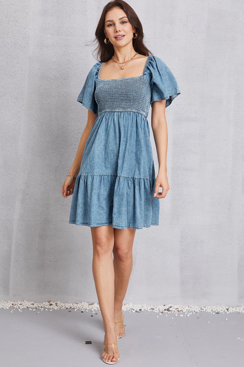 Smocked Square Neck Mini Denim Dress - The Beaucoup Home