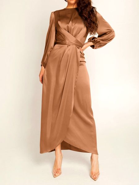 Stain Long Sleeve Dress Waist Tie Dress