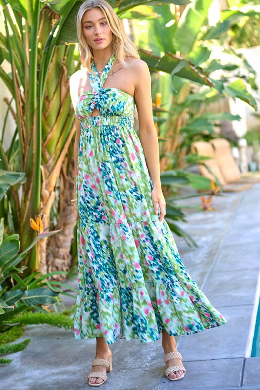 PRINTED SMOCKED RUFFLE MAXI DRESS - The Beaucoup Home