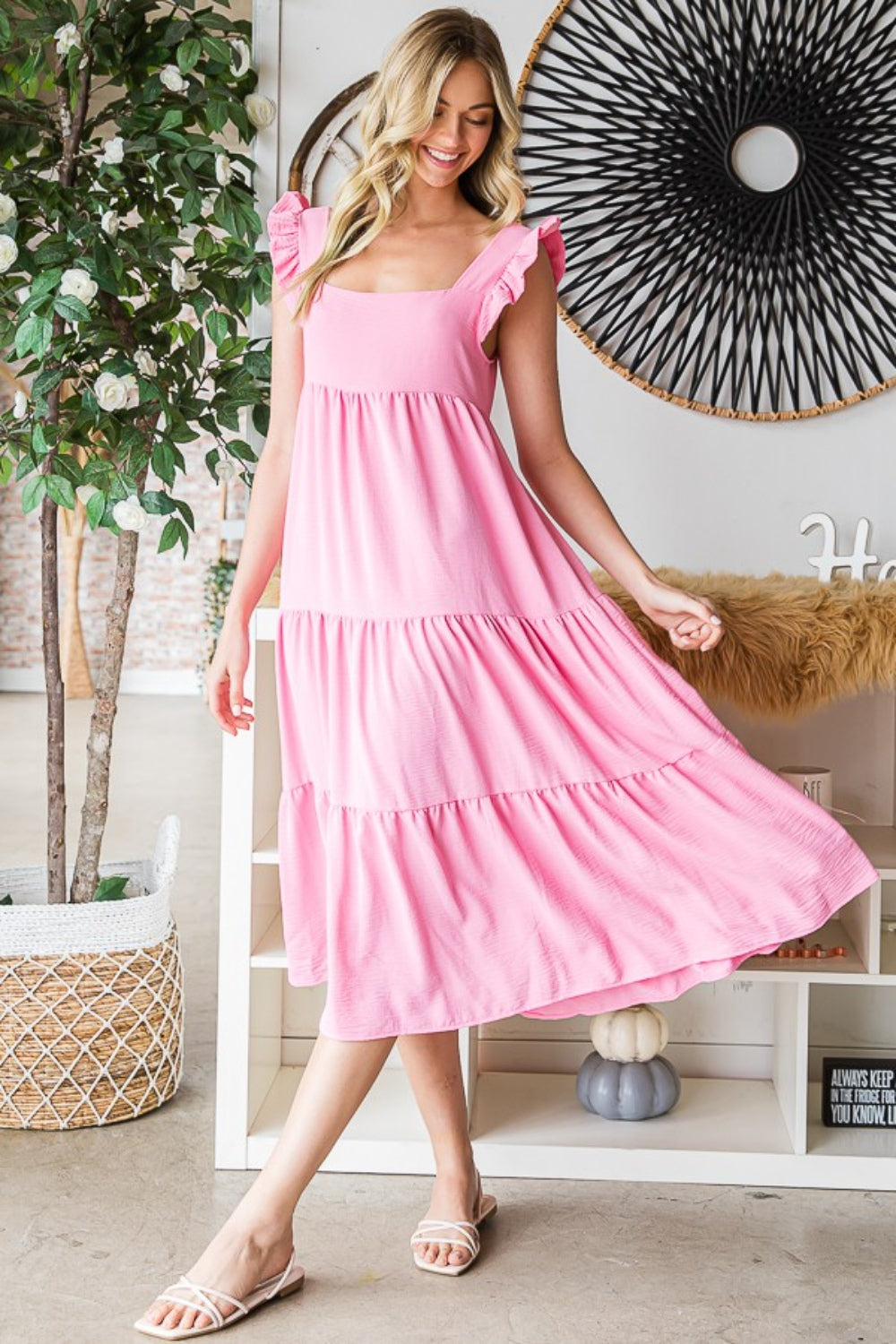 Reborn J Ruffled Sleeveless Tiered Midi Dress - The Beaucoup Home