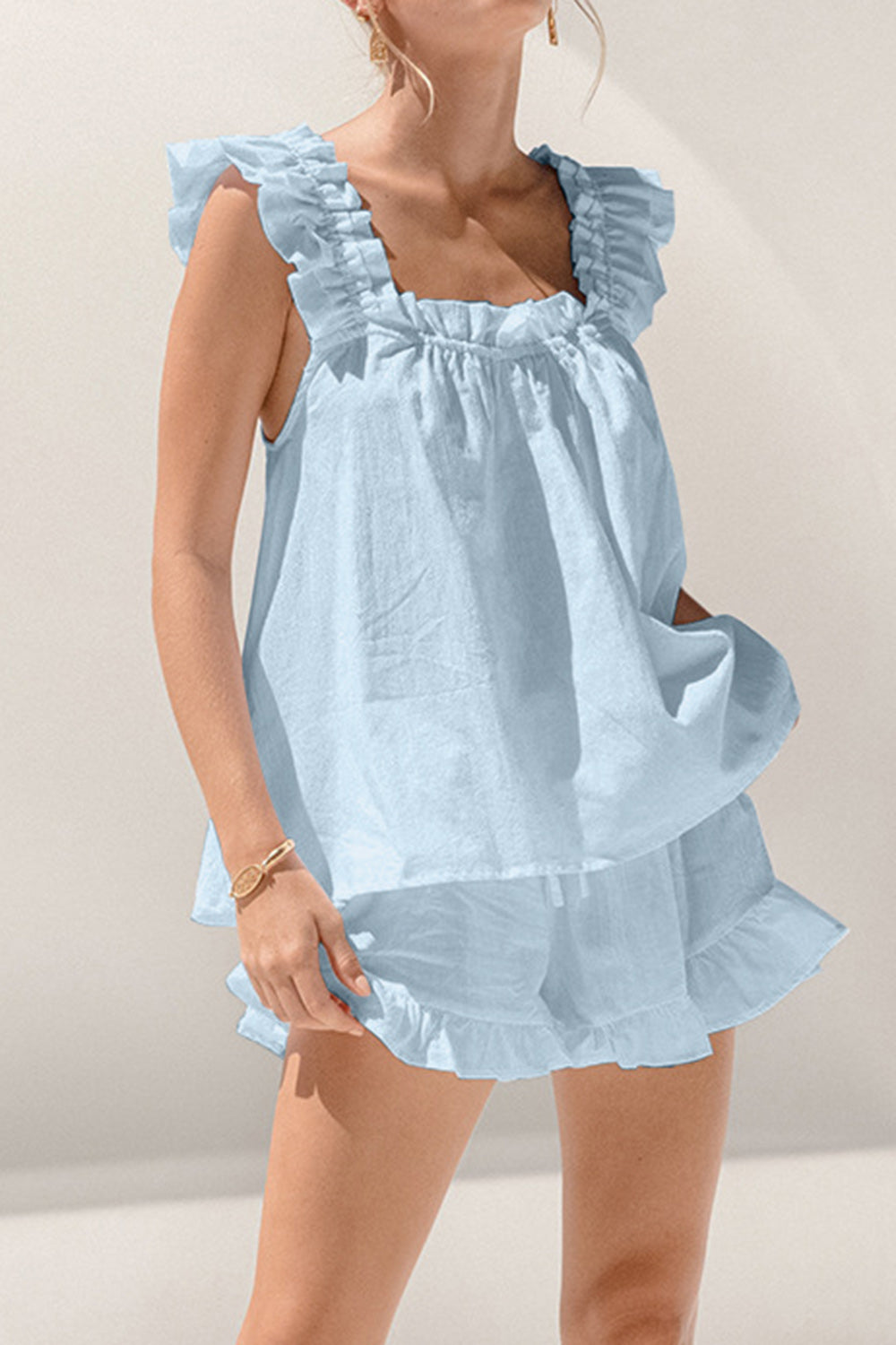 Ruffled Square Neck Top and Shorts Set - The Beaucoup Home