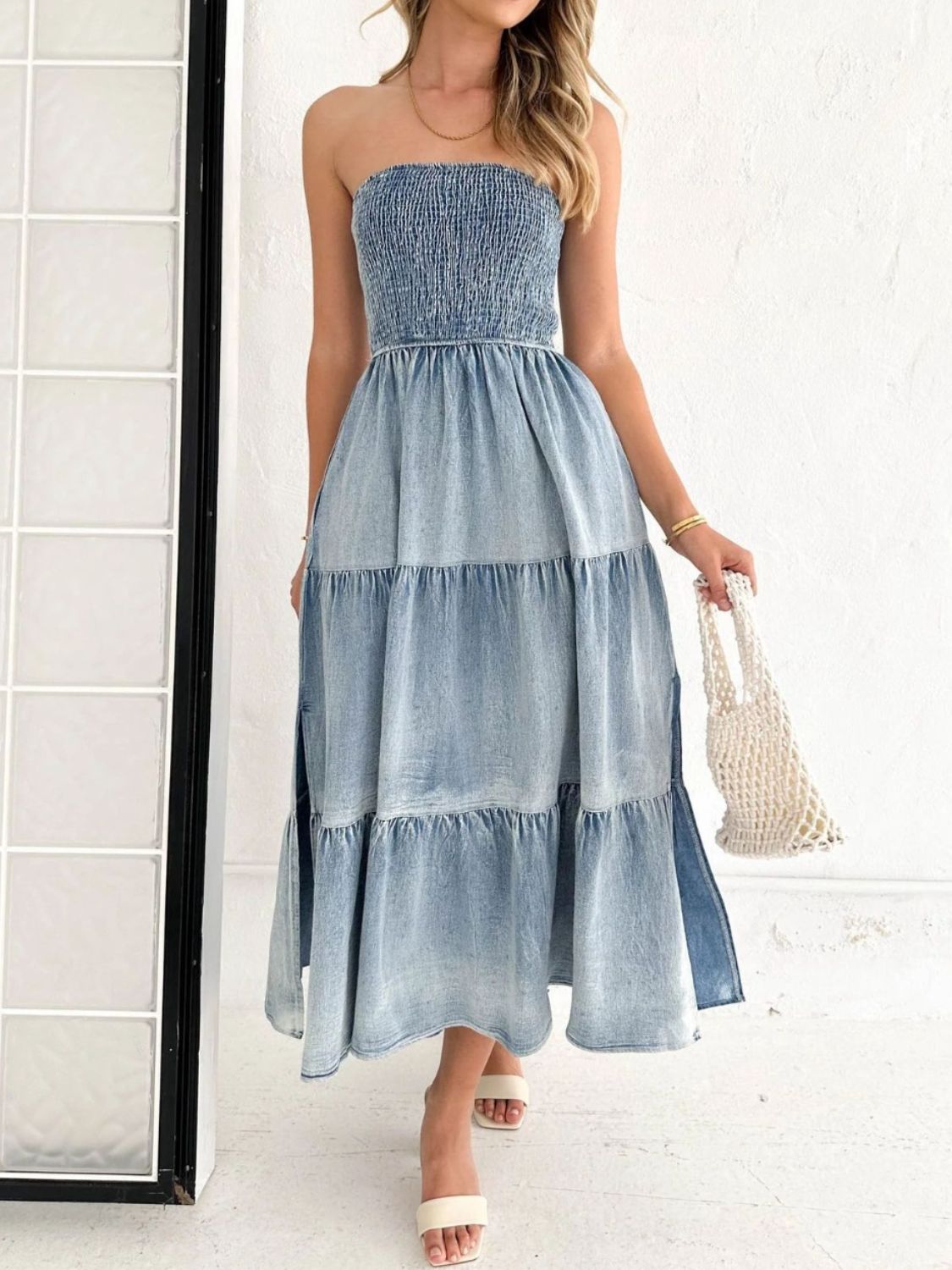 Slit Smocked Tube Tiered Denim Dress - The Beaucoup Home