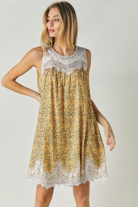 Printed Sleeveless Lace Trim Mini Dress - The Beaucoup Home