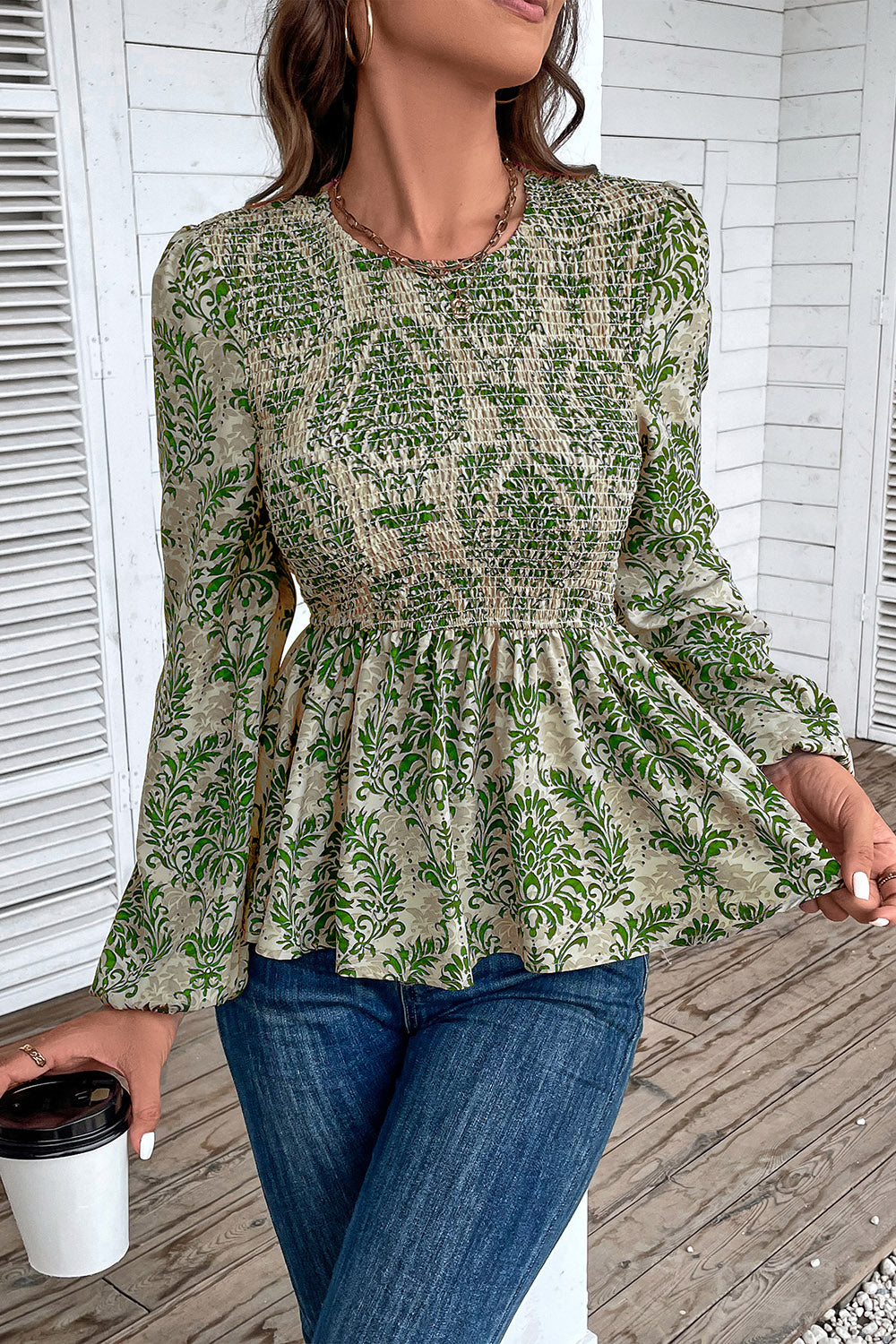 Smocked Printed Balloon Sleeve Blouse - The Beaucoup Home