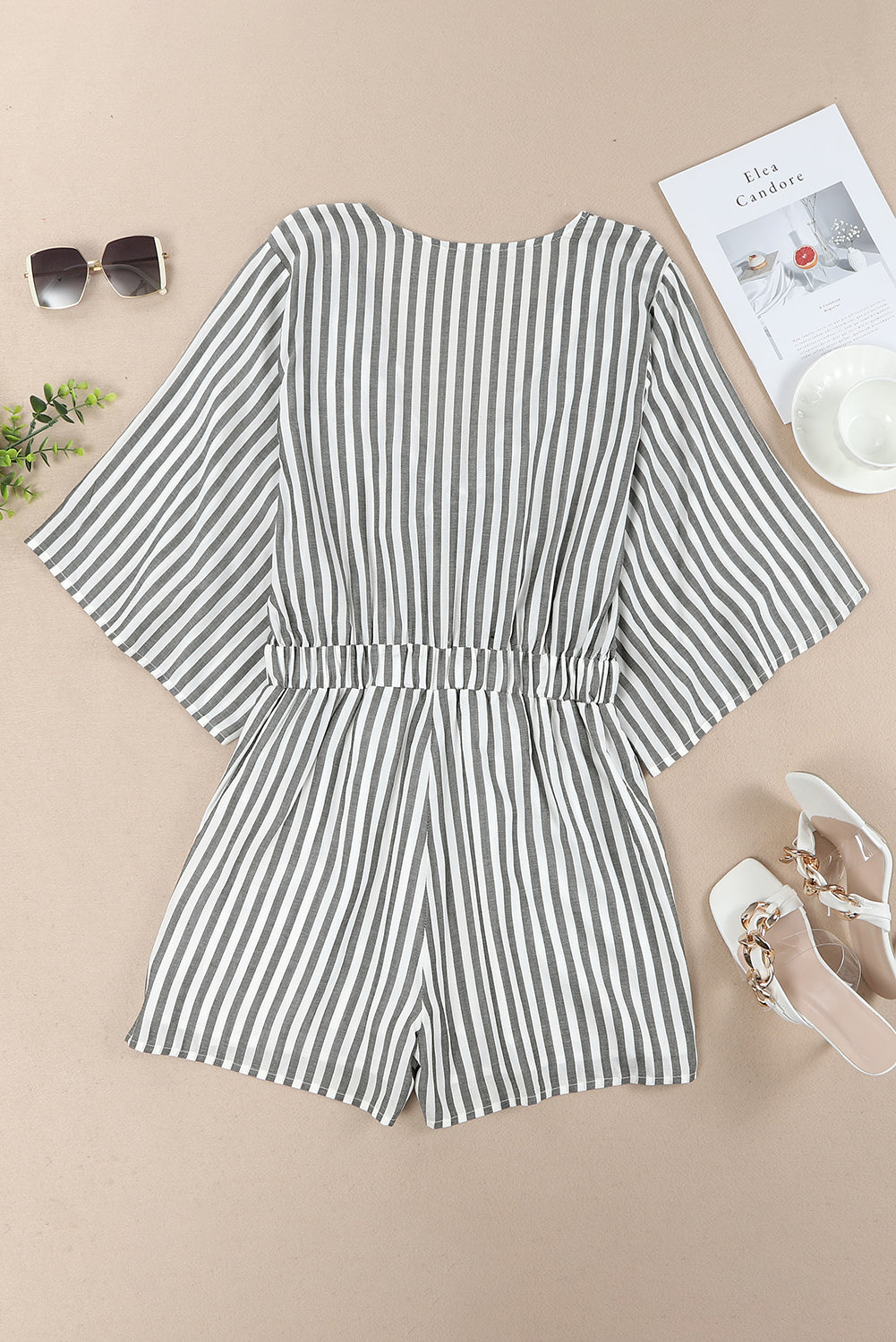 Tied Striped Three-Quarter Sleeve Romper - The Beaucoup Home