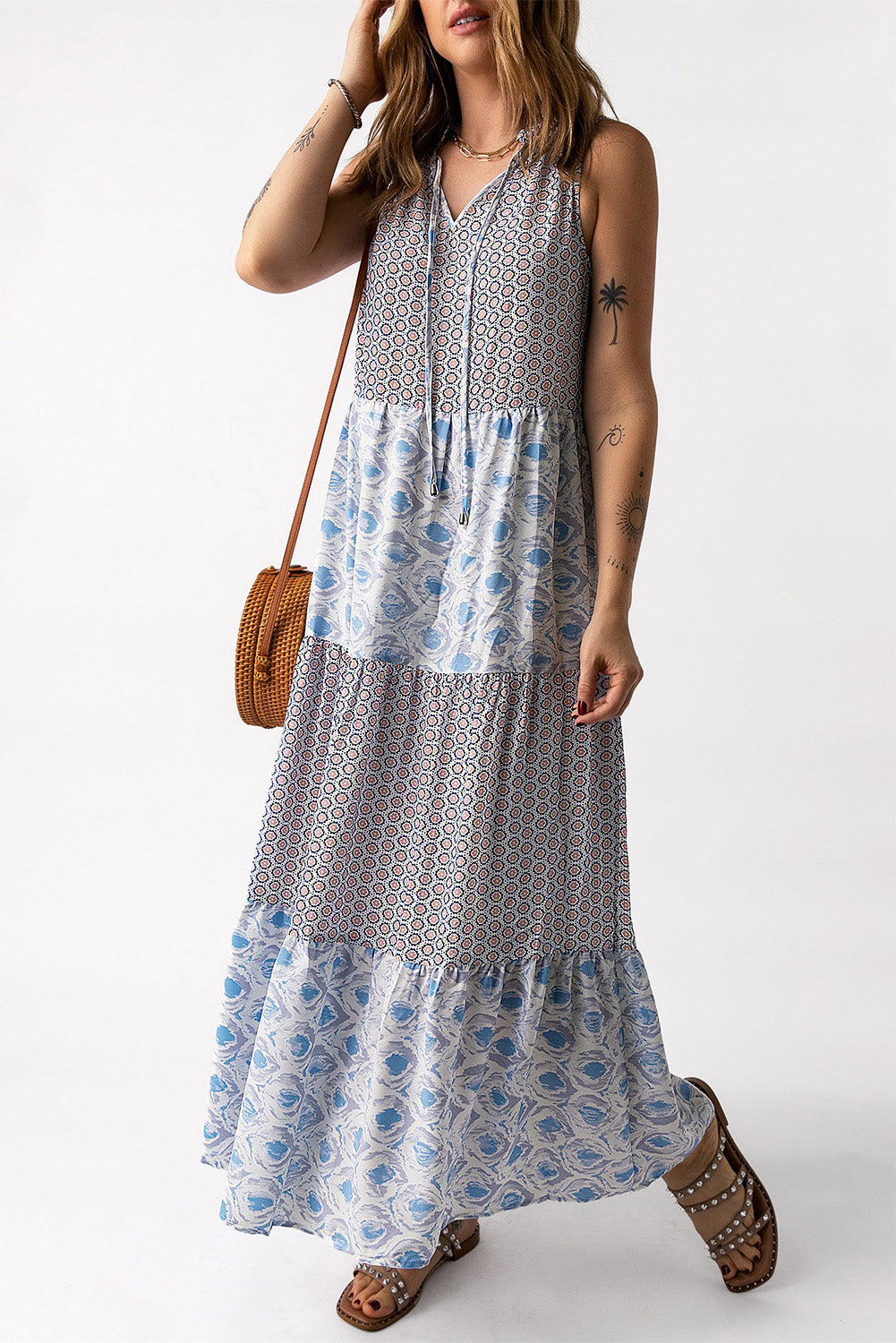 Mixed Print Tie-Neck Sleeveless Maxi Dress - The Beaucoup Home