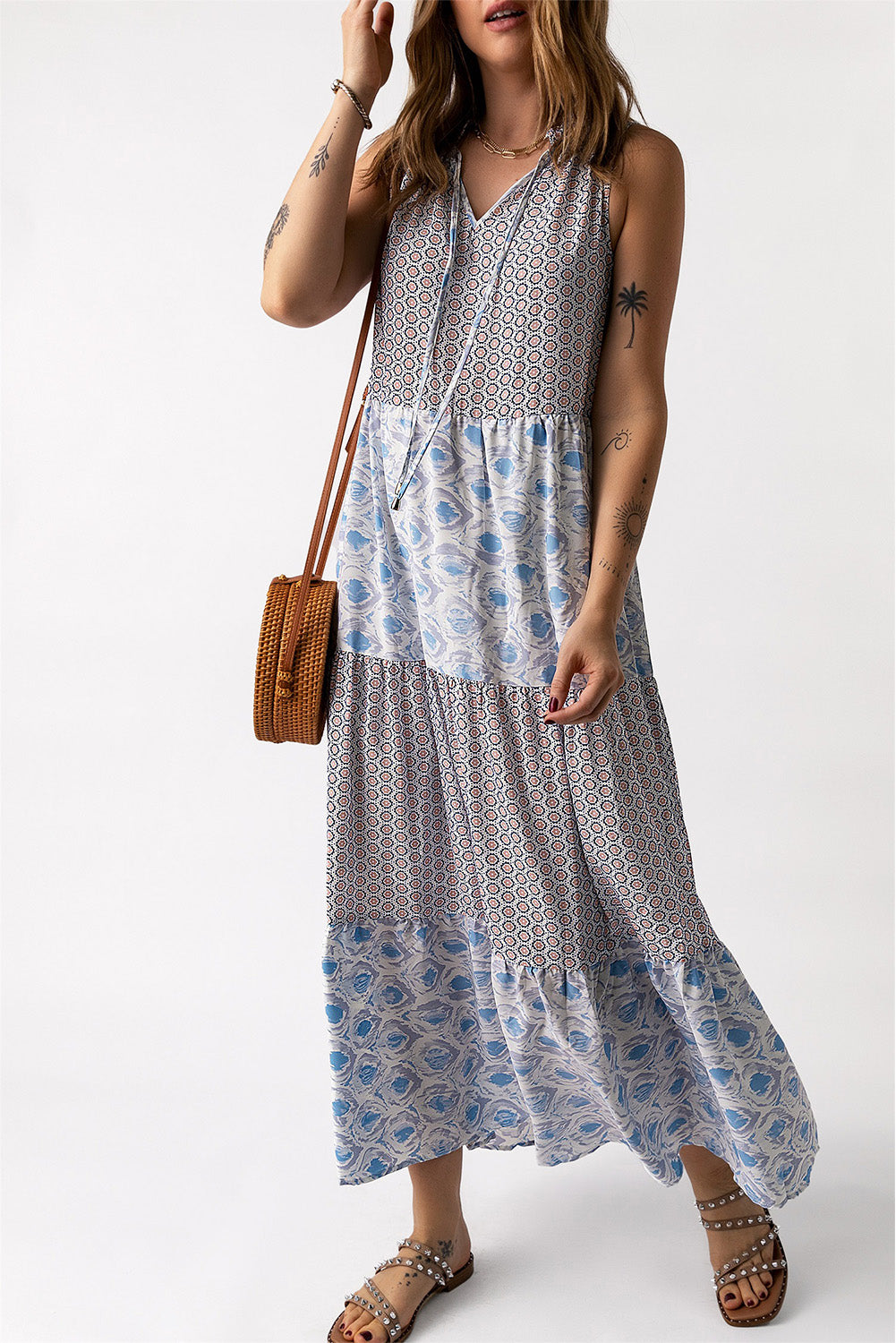 Mixed Print Tie-Neck Sleeveless Maxi Dress - The Beaucoup Home