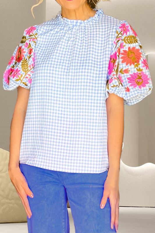 Embroidered Plaid Round Neck Short Sleeve Blouse - The Beaucoup Home