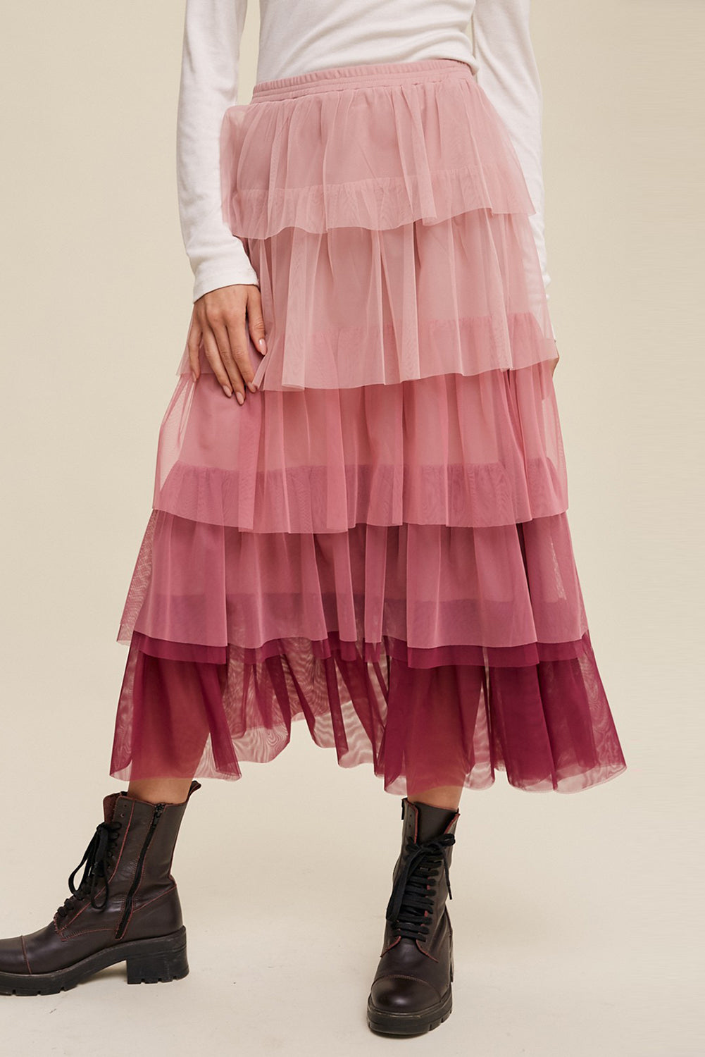 Elastic Waist Layered Tulle Midi Skirt - The Beaucoup Home