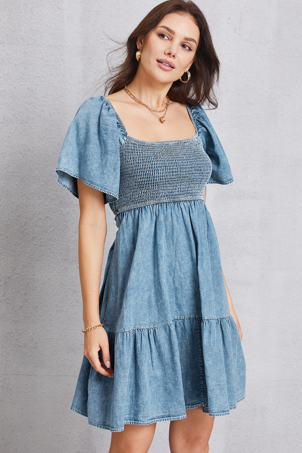 Smocked Square Neck Mini Denim Dress - The Beaucoup Home