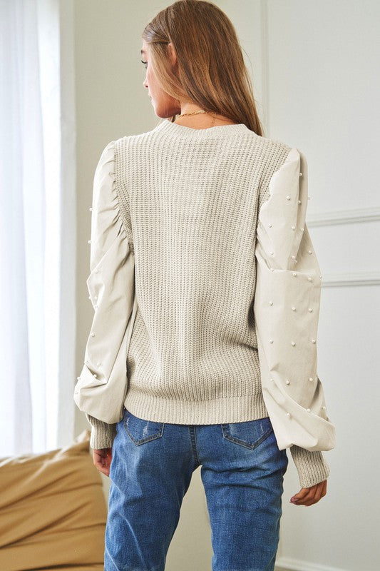 Pearl Embellishments Contrast Sleeves Sweater - The Beaucoup Home