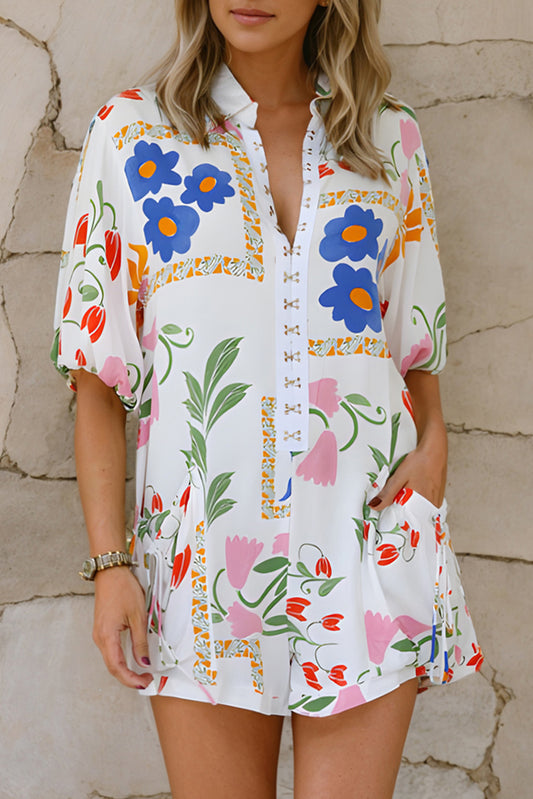 Pocketed Printed Half Sleeve Romper - The Beaucoup Home